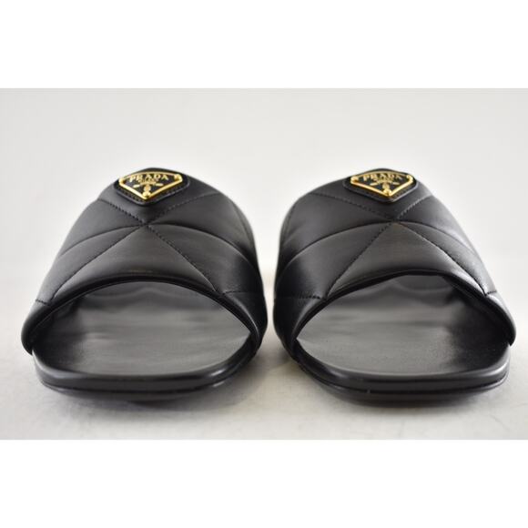 Prada Diagram Quilted Leather Black Gold Logo Slide Sandal Mule Block Heel 39 - Picture 9 of 15